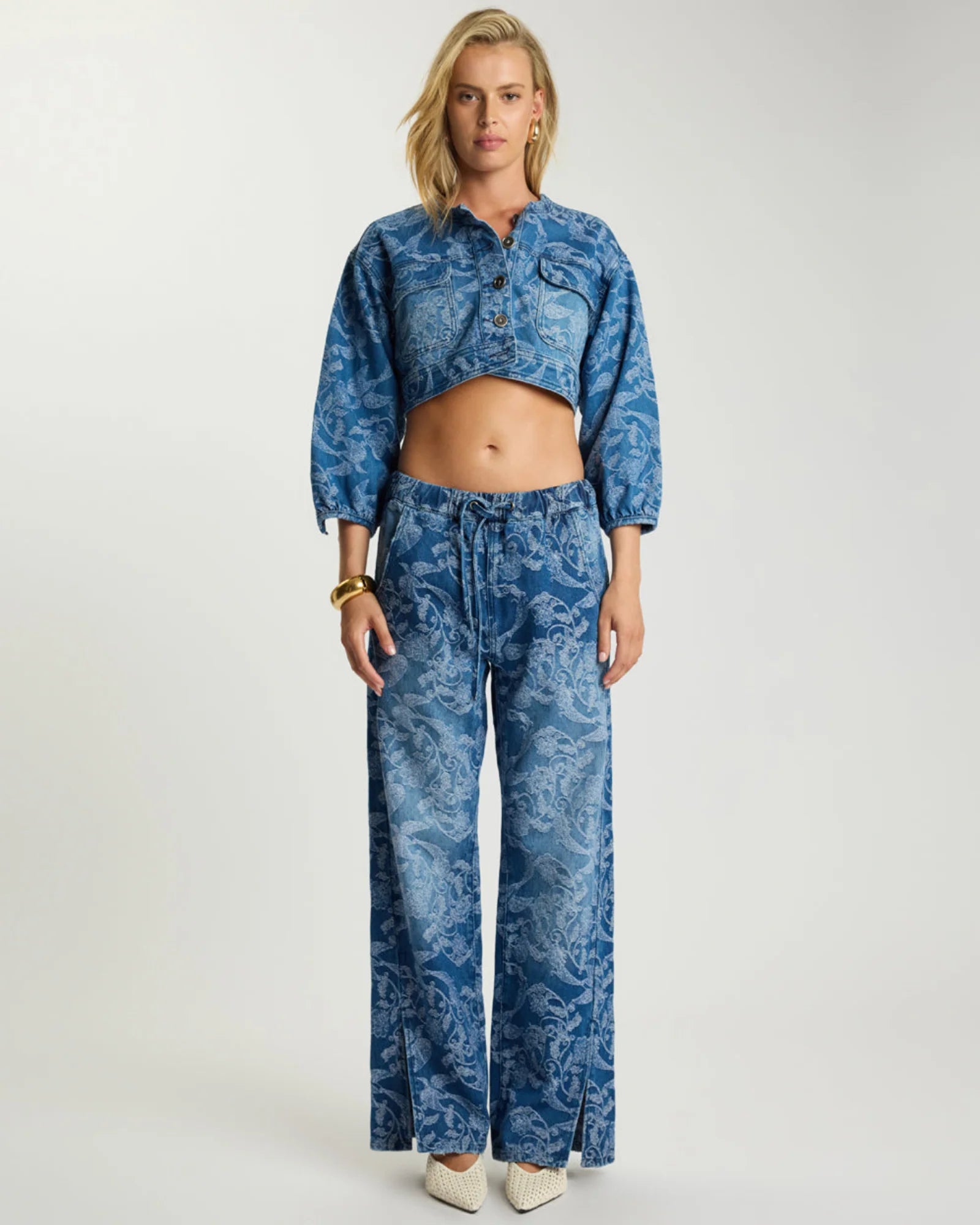 One teaspoon Roadhouse Mid Waist Wide Leg Drawstring Denim Jeans - Soaring Jacquard Blue