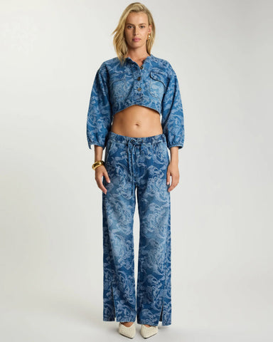 One teaspoon Roadhouse Mid Waist Wide Leg Drawstring Denim Jeans - Soaring Jacquard Blue