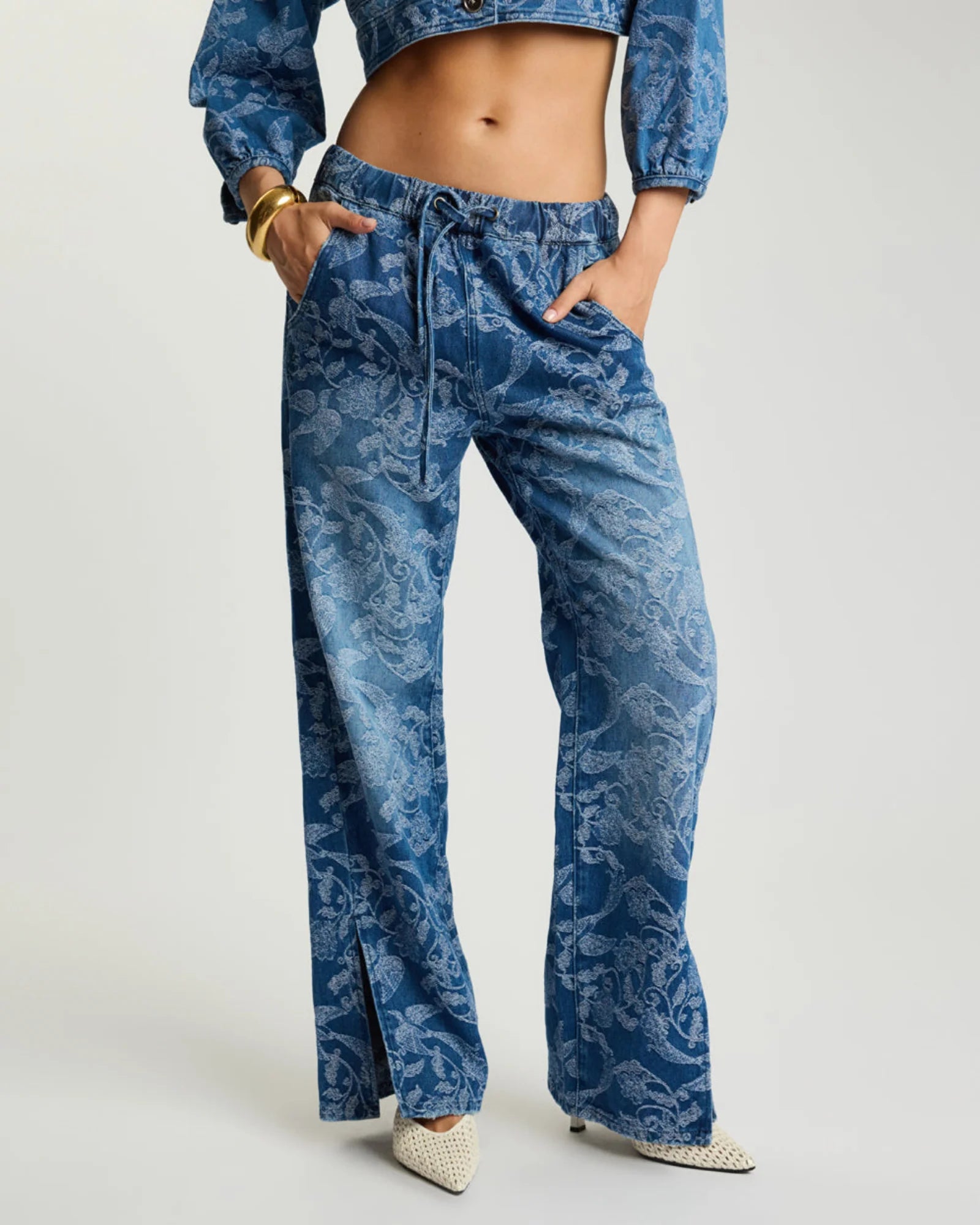 One teaspoon Roadhouse Mid Waist Wide Leg Drawstring Denim Jeans - Soaring Jacquard Blue