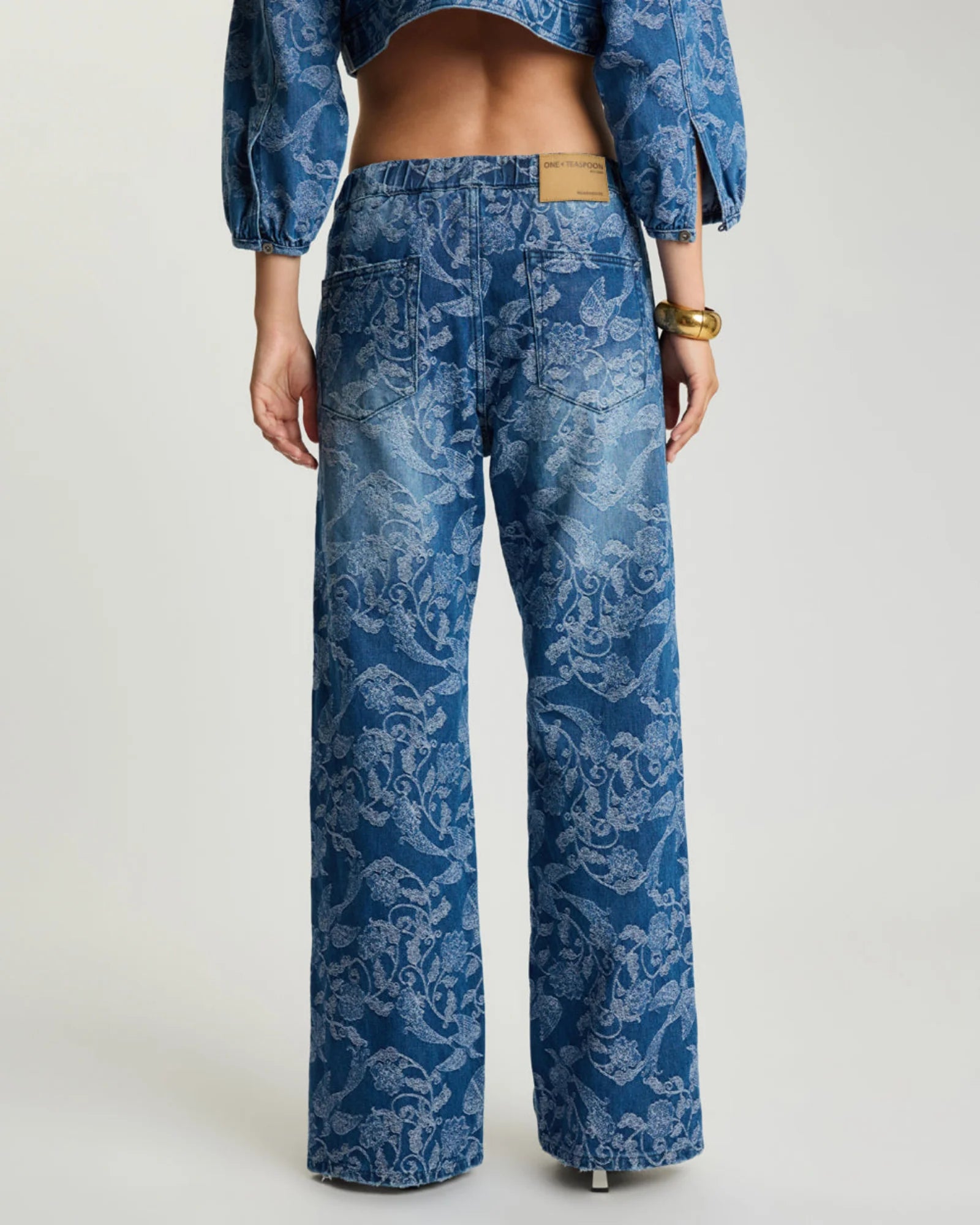 One teaspoon Roadhouse Mid Waist Wide Leg Drawstring Denim Jeans - Soaring Jacquard Blue