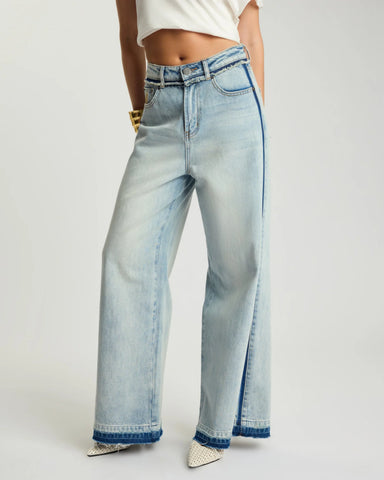 One teaspoon Love Machines Mid Waist Super Wide Leg Denim Jeans - Split Party Contrast Blue