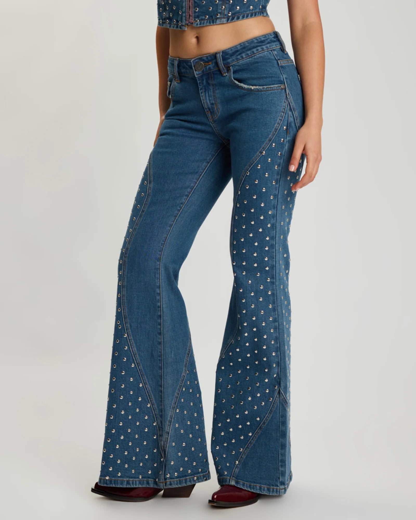 One teaspoonChrome Edge Mid Waist Flared Studded Denim Jeans - Eclipse Blue