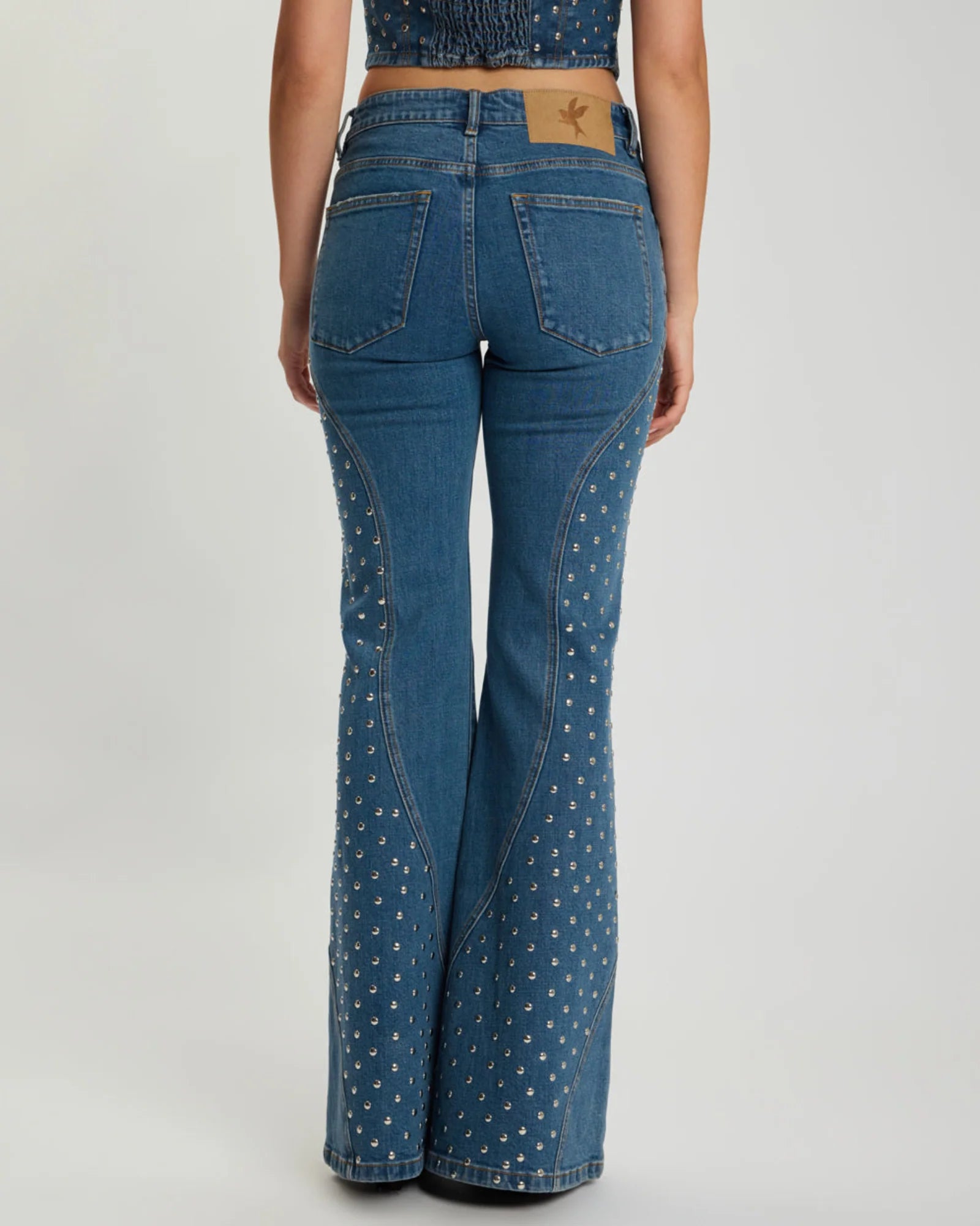 One teaspoonChrome Edge Mid Waist Flared Studded Denim Jeans - Eclipse Blue