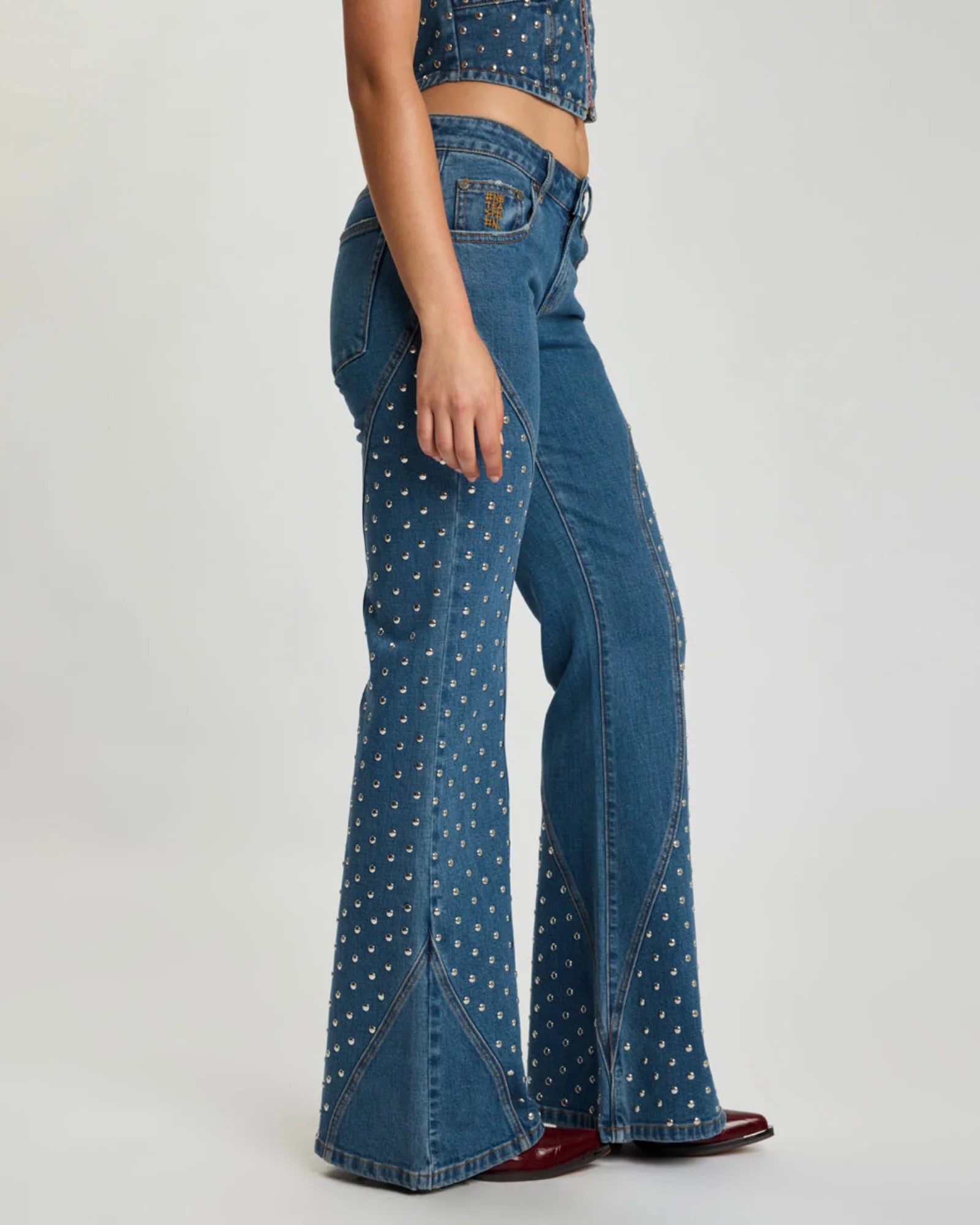 One teaspoonChrome Edge Mid Waist Flared Studded Denim Jeans - Eclipse Blue