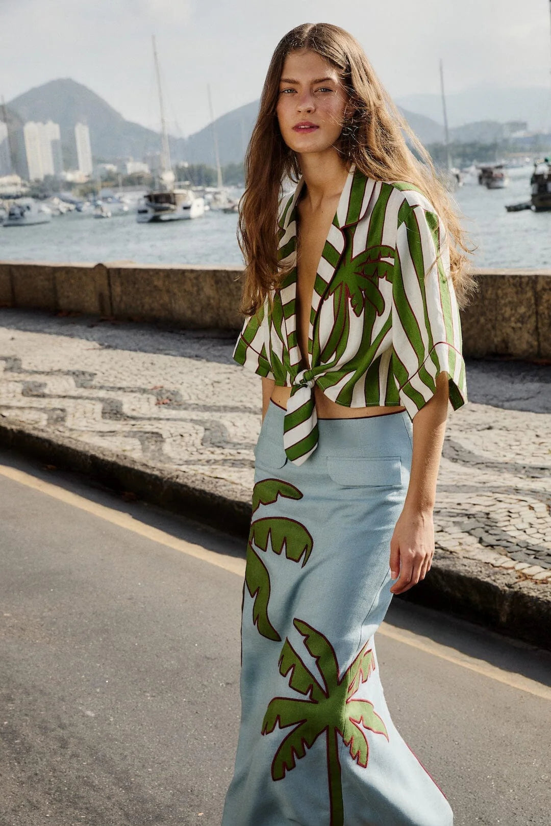 Green Spring Stripes Embroidered Crop Top