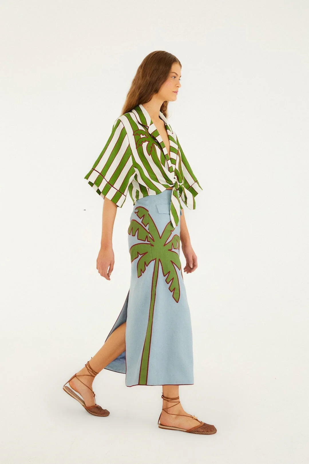 Green Spring Stripes Embroidered Crop Top