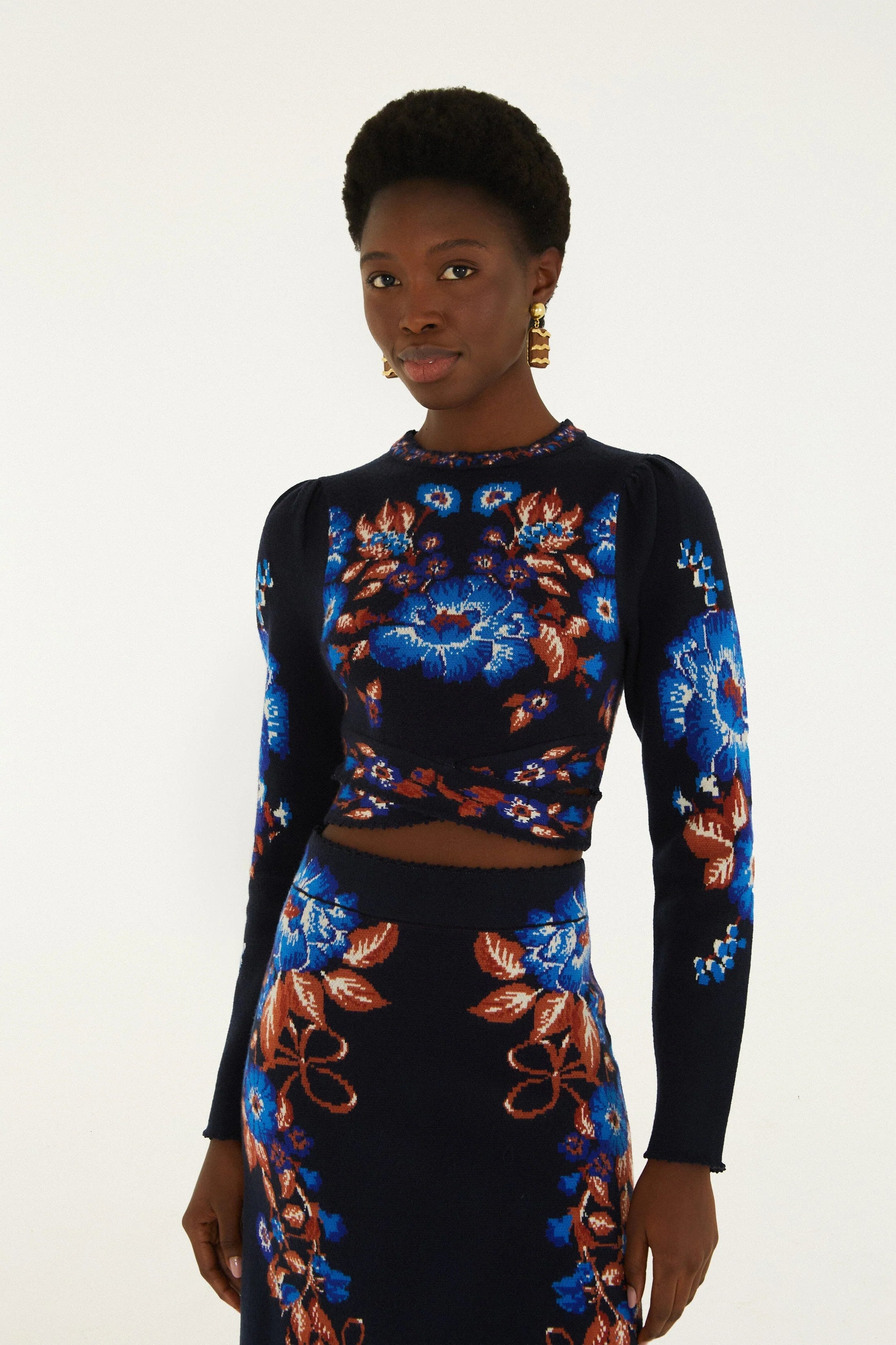 Farm Rio Bow Garden Long Sleeve Knit Crop Top