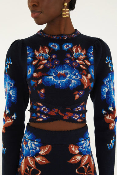 Farm Rio Bow Garden Long Sleeve Knit Crop Top