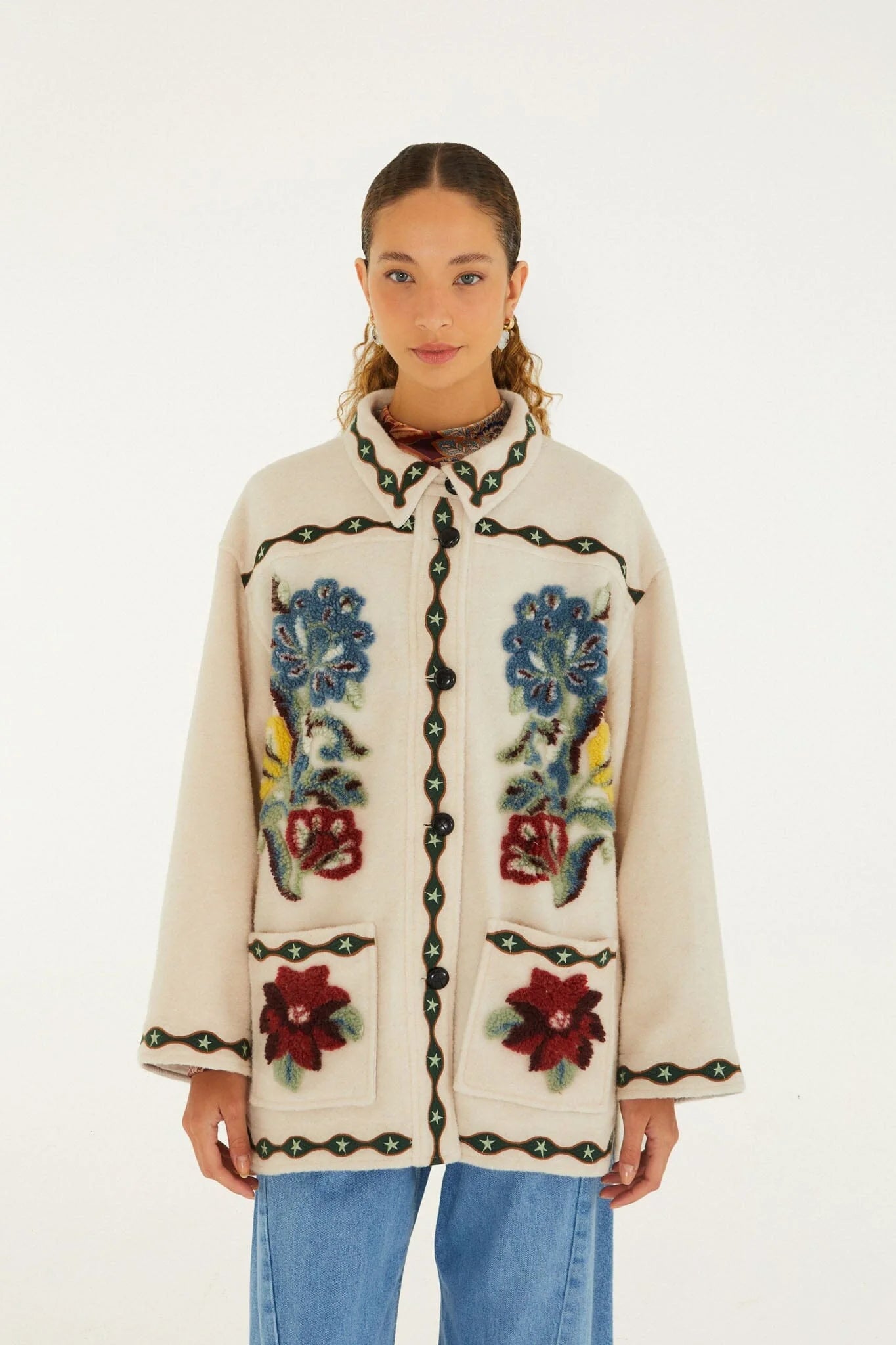 Farm Rio Lunar Boho Buttoned Fleece Coat