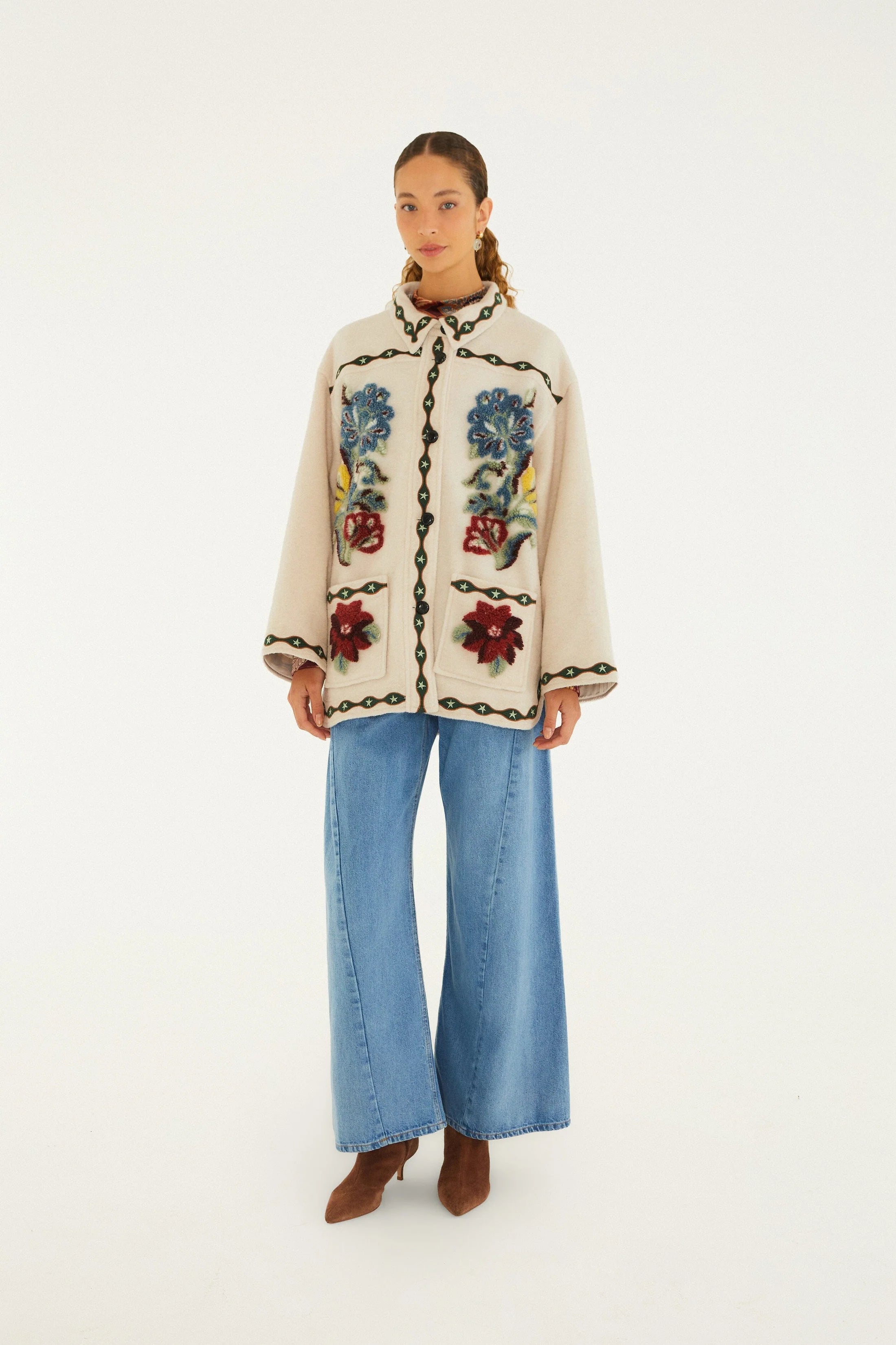 Farm Rio Lunar Boho Buttoned Fleece Coat