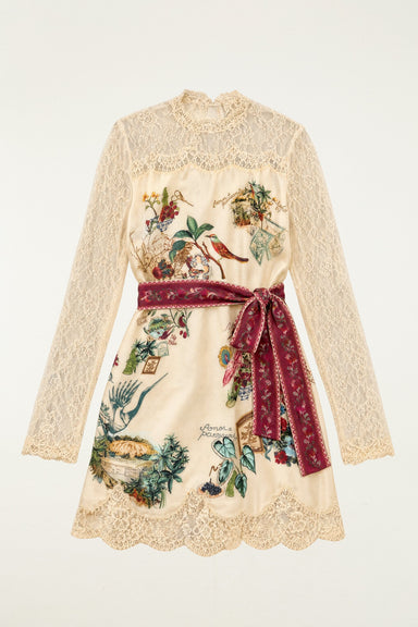 Farm Rio Bird Poetry Lace Long Sleeve Mini Dress