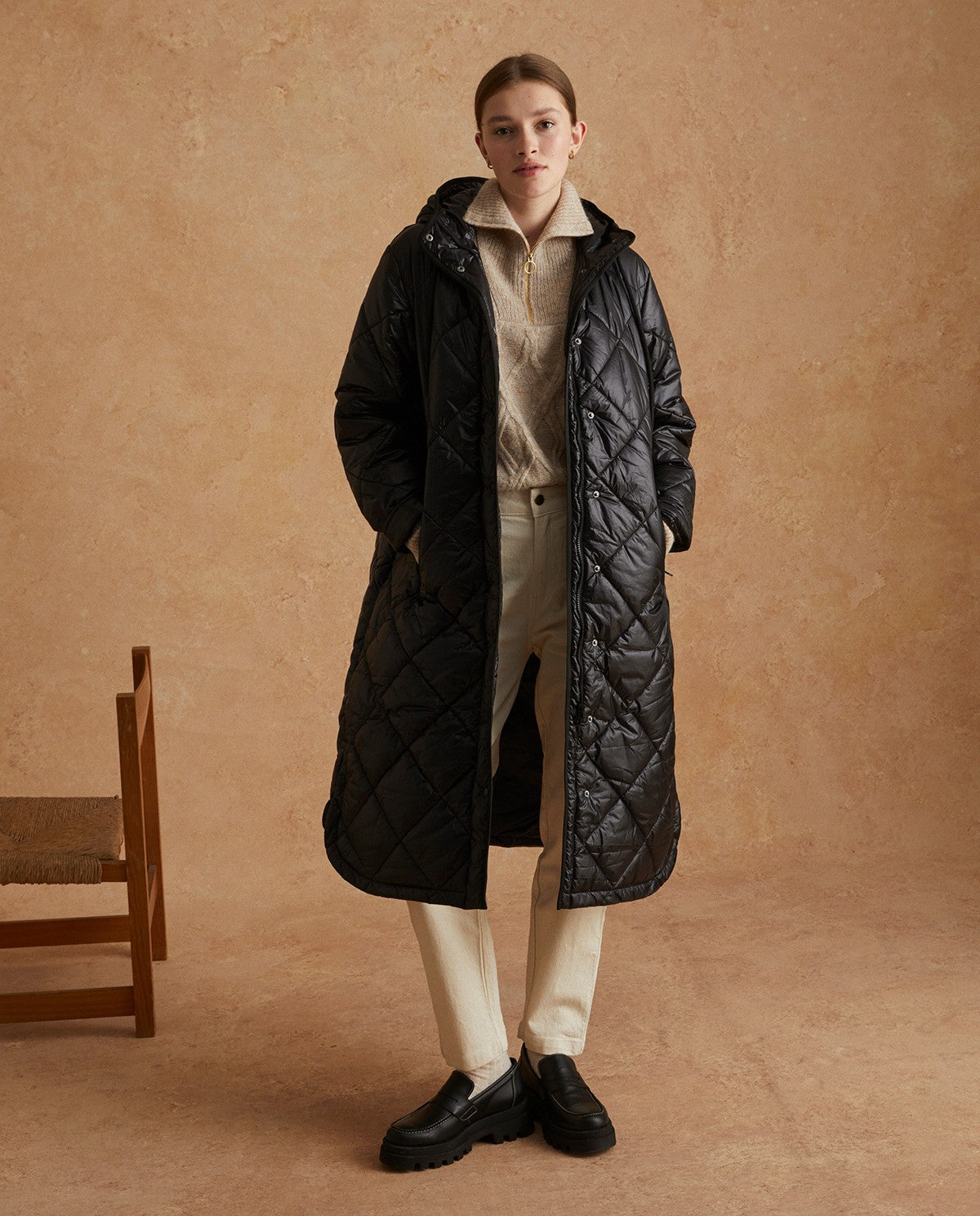 LONG WATER-REPELLENT QUILTED COAT BLACK 39620