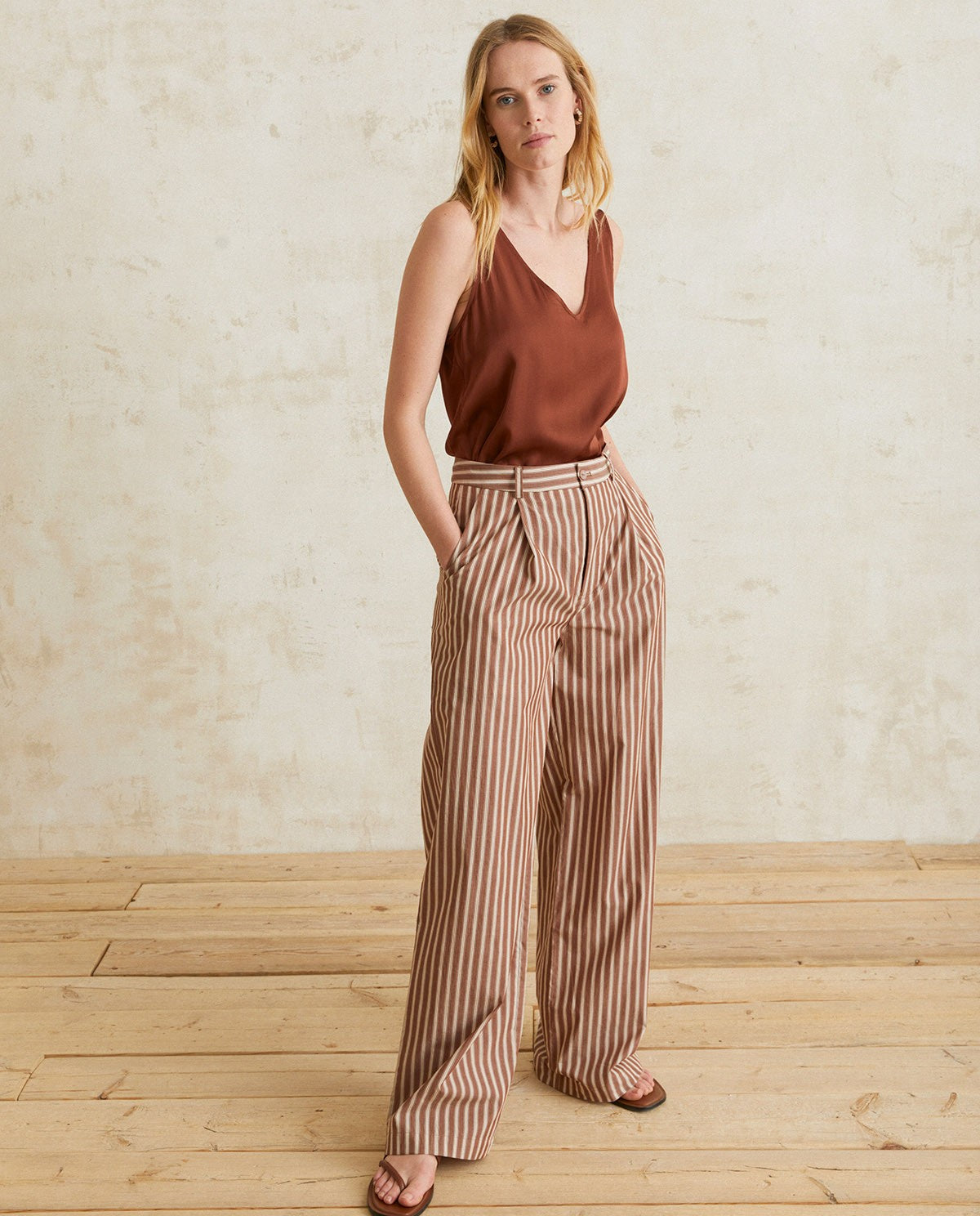 WIDE-LEG COTTON TROUSERS CHOCOLATE STRIPES  Ref. 40826
