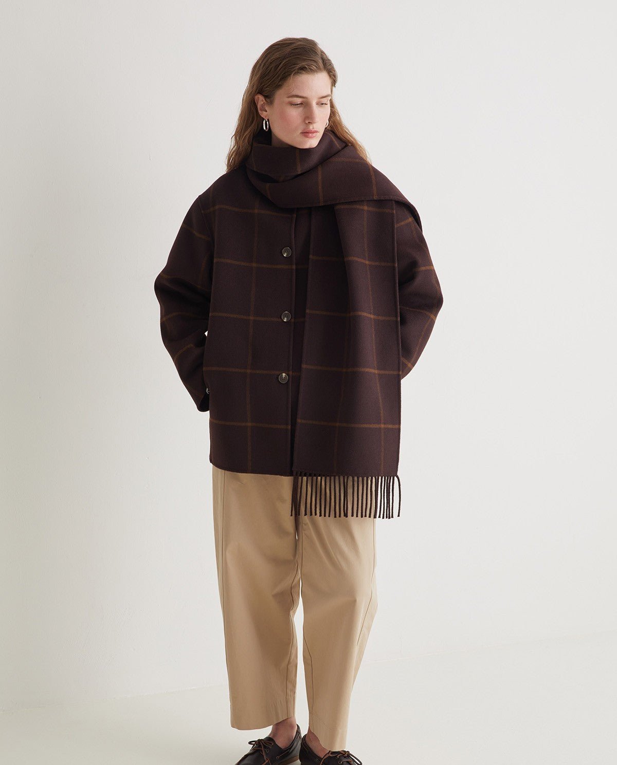 43607 - HANDMADE WOOL-BLEND COAT WITH SCARF BROWN
