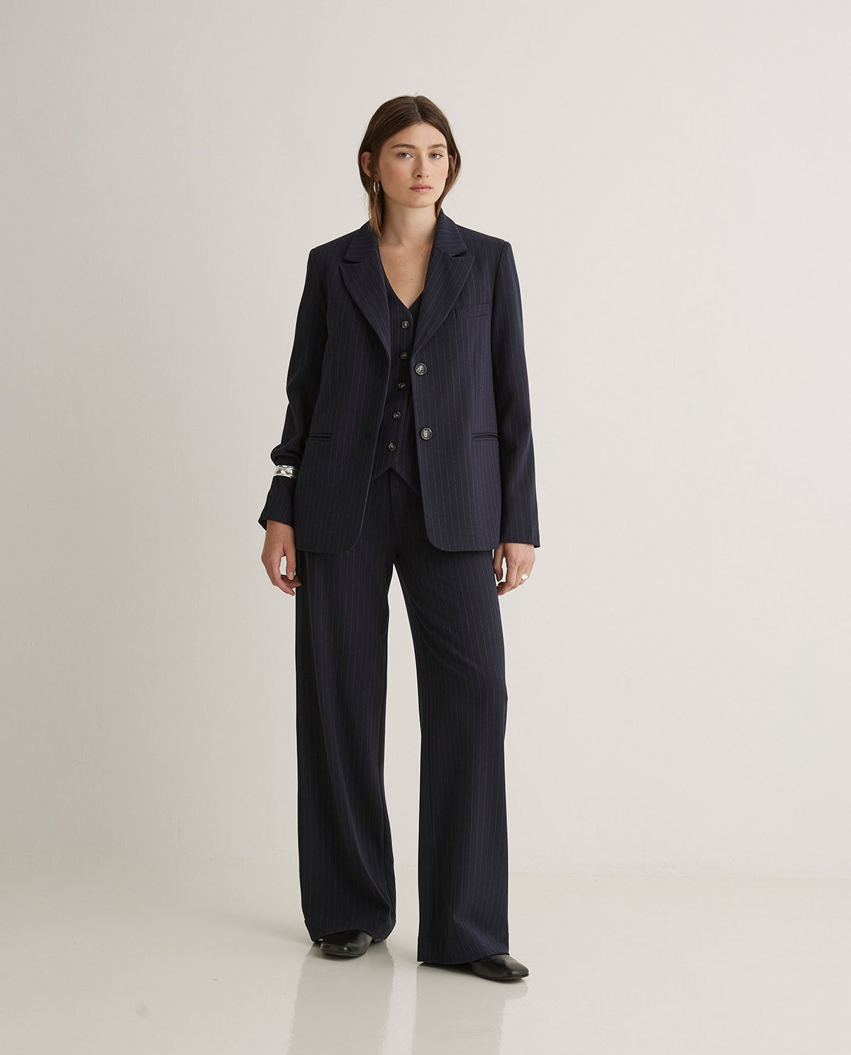 43807 - Navy Blue Wide Leg Trousers With Elastic Waistband