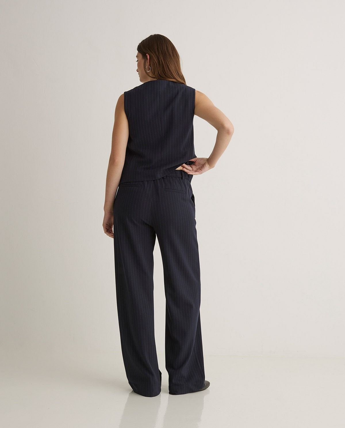 43807 - Navy Blue Wide Leg Trousers With Elastic Waistband