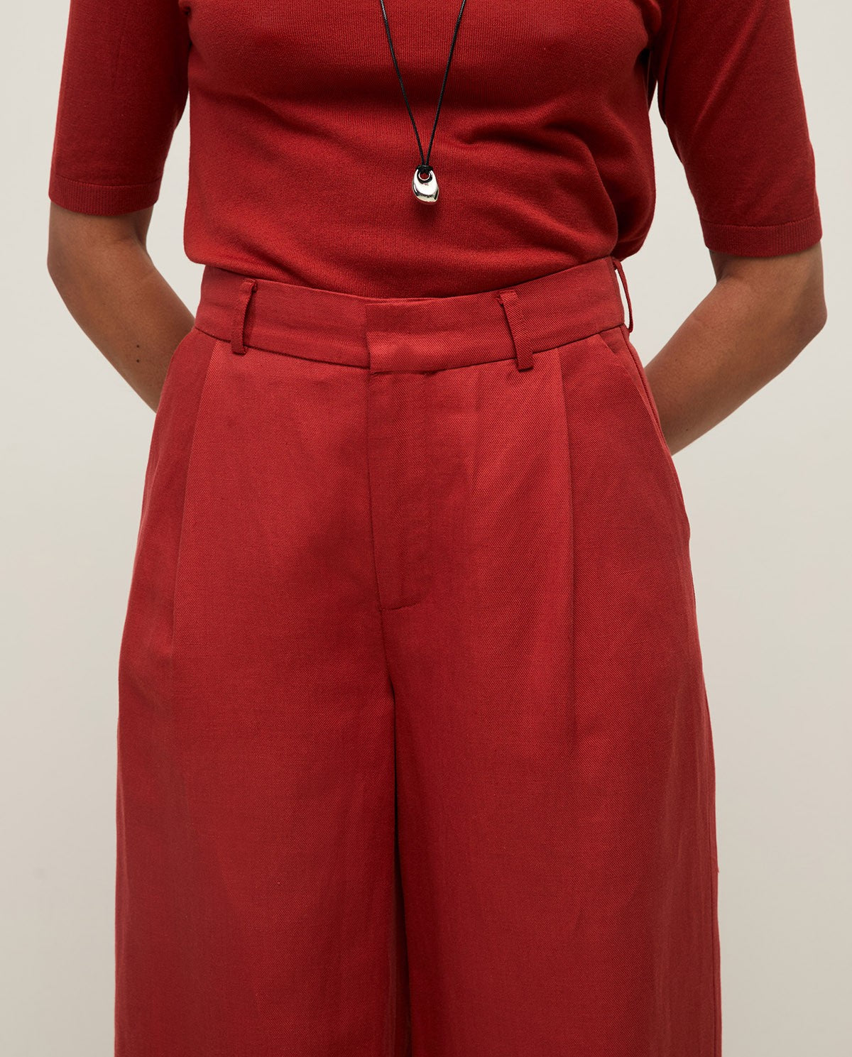 44804 - WIDE-LEG LINEN-BLEND TAILORED TROUSERS - RED-
