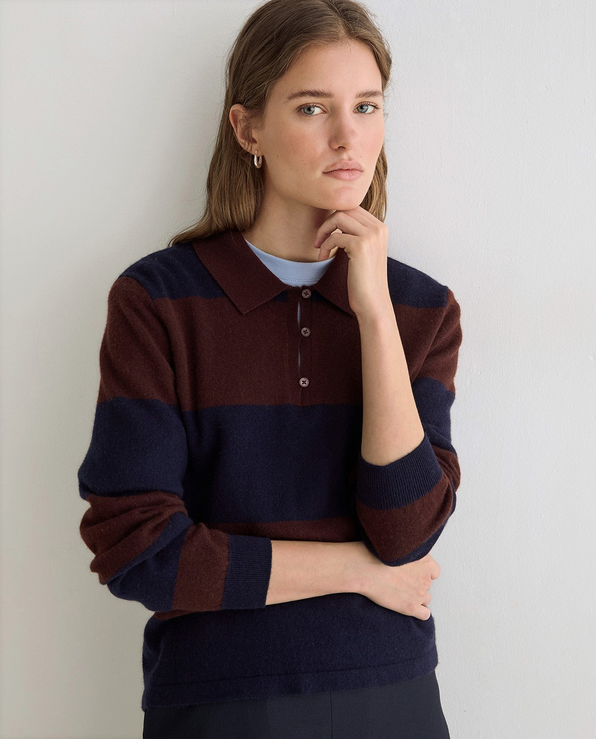 Yerse Striped Fine - Knit Polo Sweater Dark Blue - Brown