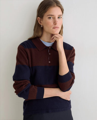 Yerse Striped Fine - Knit Polo Sweater Dark Blue - Brown