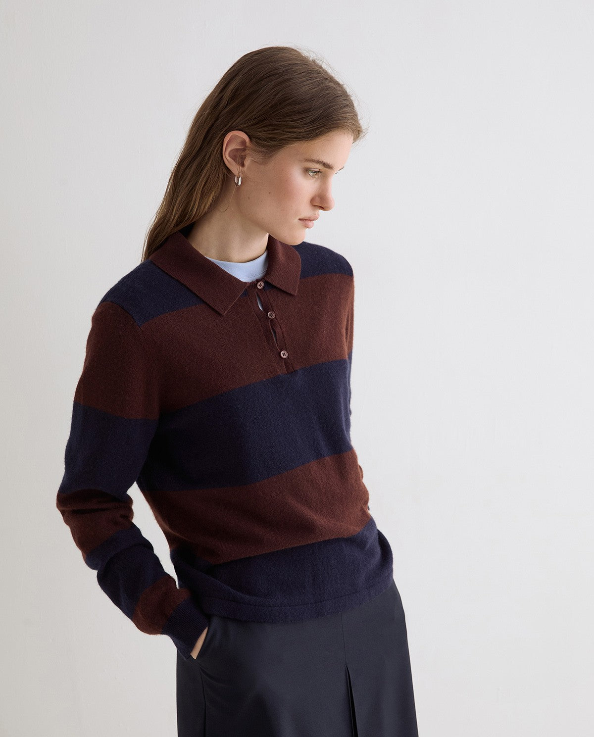 Striped Fine - Knit Polo Sweater Dark Blue - Brown