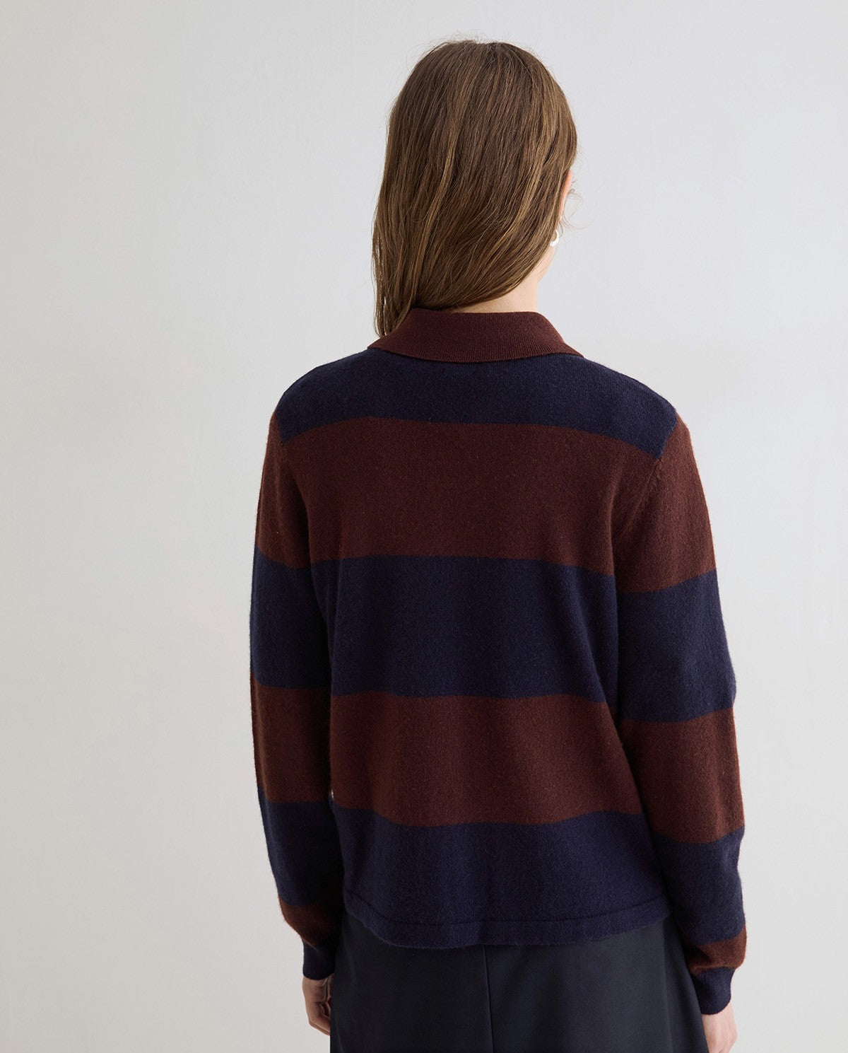 Striped Fine - Knit Polo Sweater Dark Blue - Brown