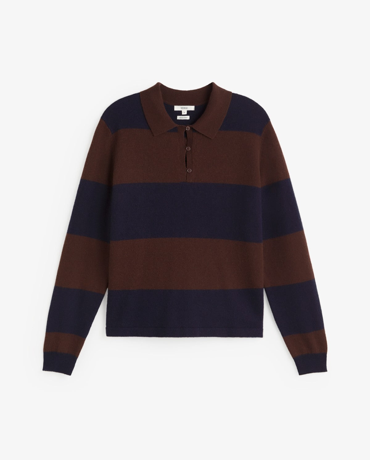 Striped Fine - Knit Polo Sweater Dark Blue - Brown
