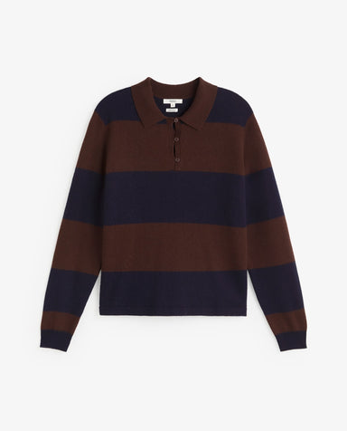 Striped Fine - Knit Polo Sweater Dark Blue - Brown
