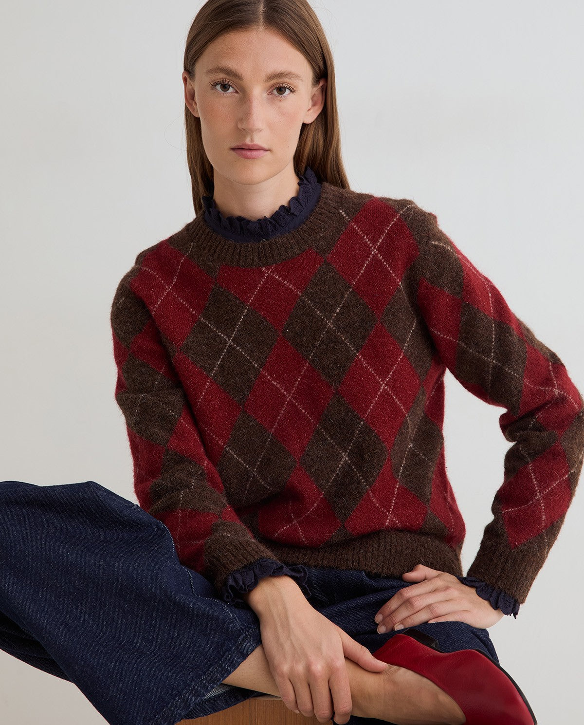 Yerse Diamond Sweater Brown - Red