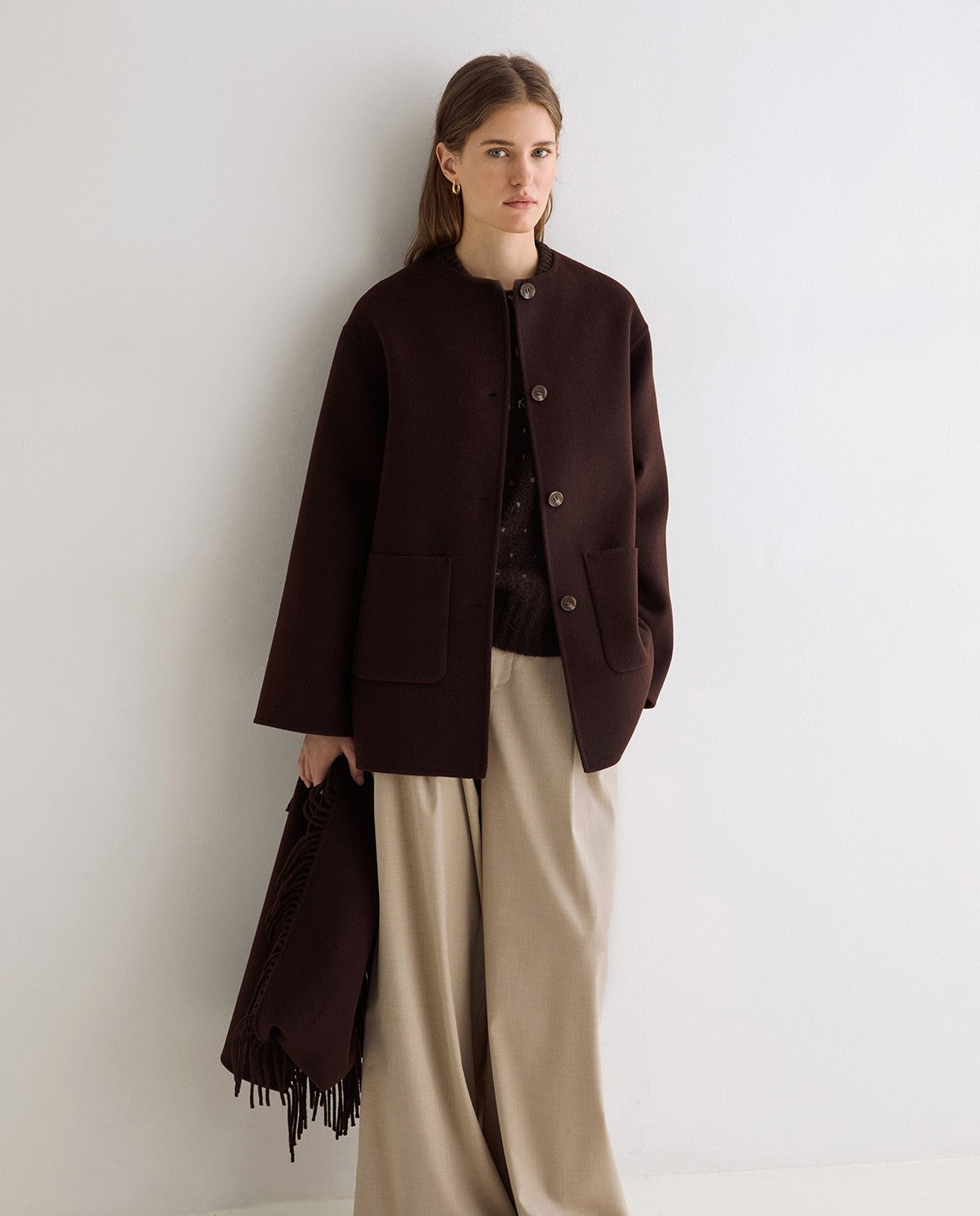 Yerse Handmade Coat With Removable Scarf Chocolate