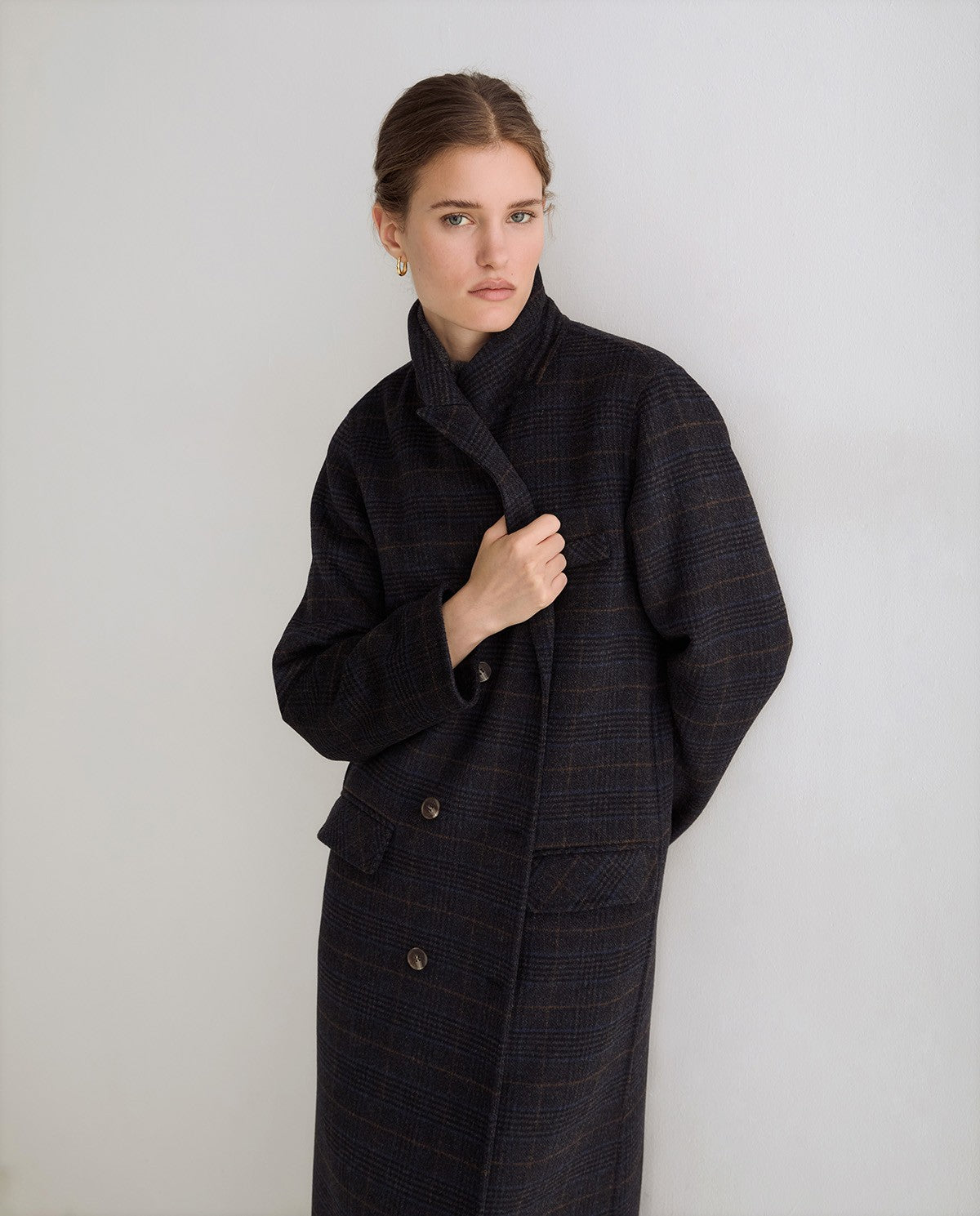 Yerse Long Handmade Double - Faced Grey Check Coat