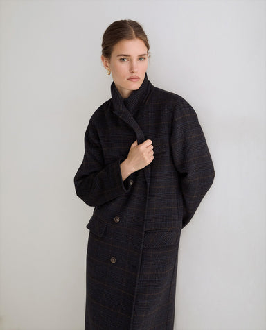Yerse Long Handmade Double - Faced Grey Check Coat
