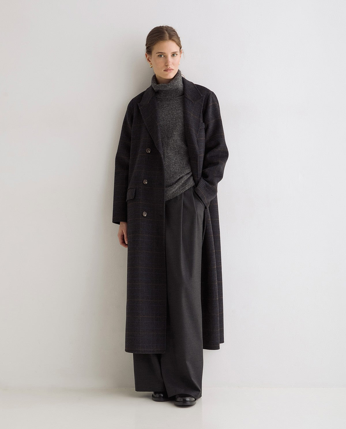 Yerse Long Handmade Double - Faced Grey Check Coat