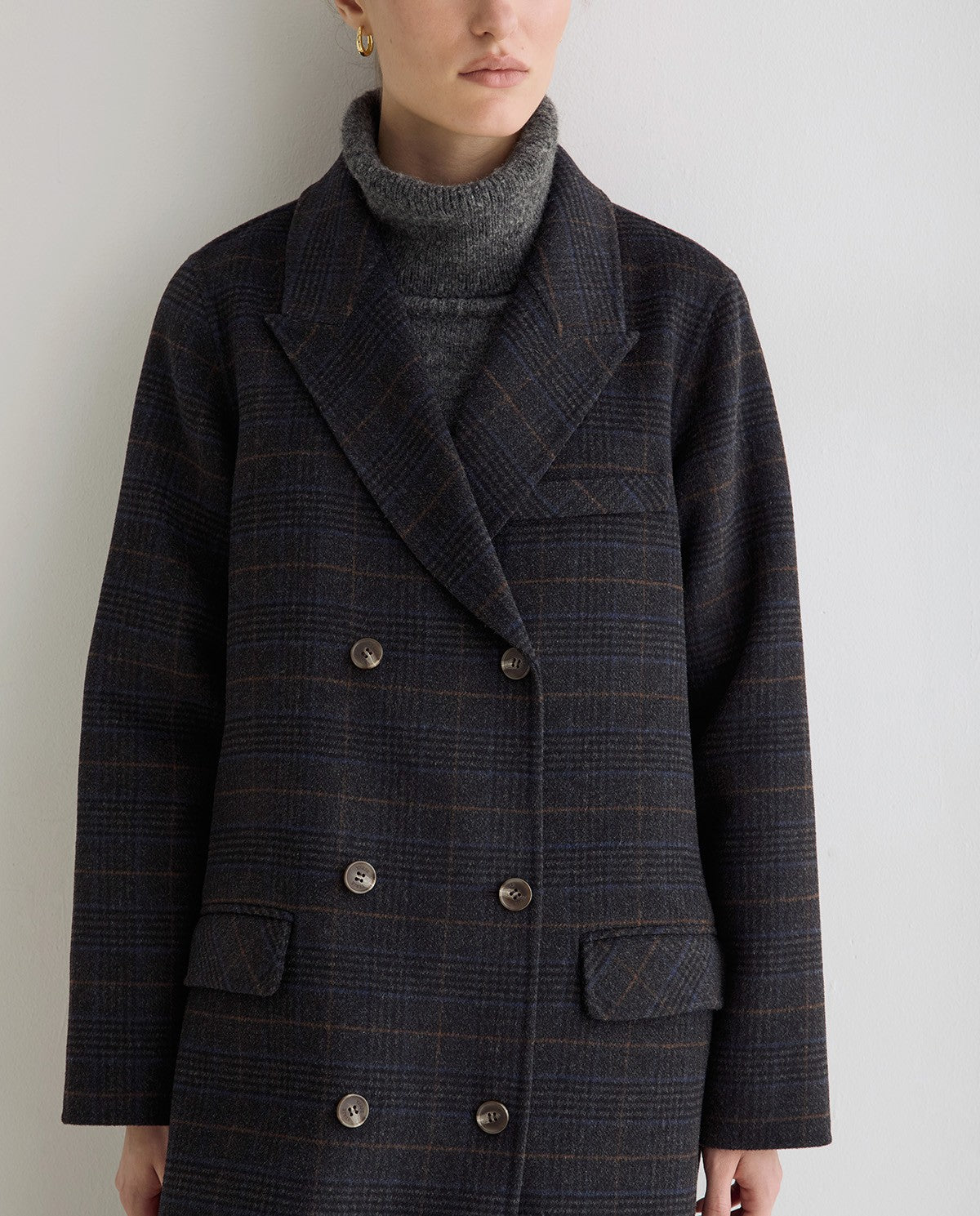 Yerse Long Handmade Double - Faced Grey Check Coat