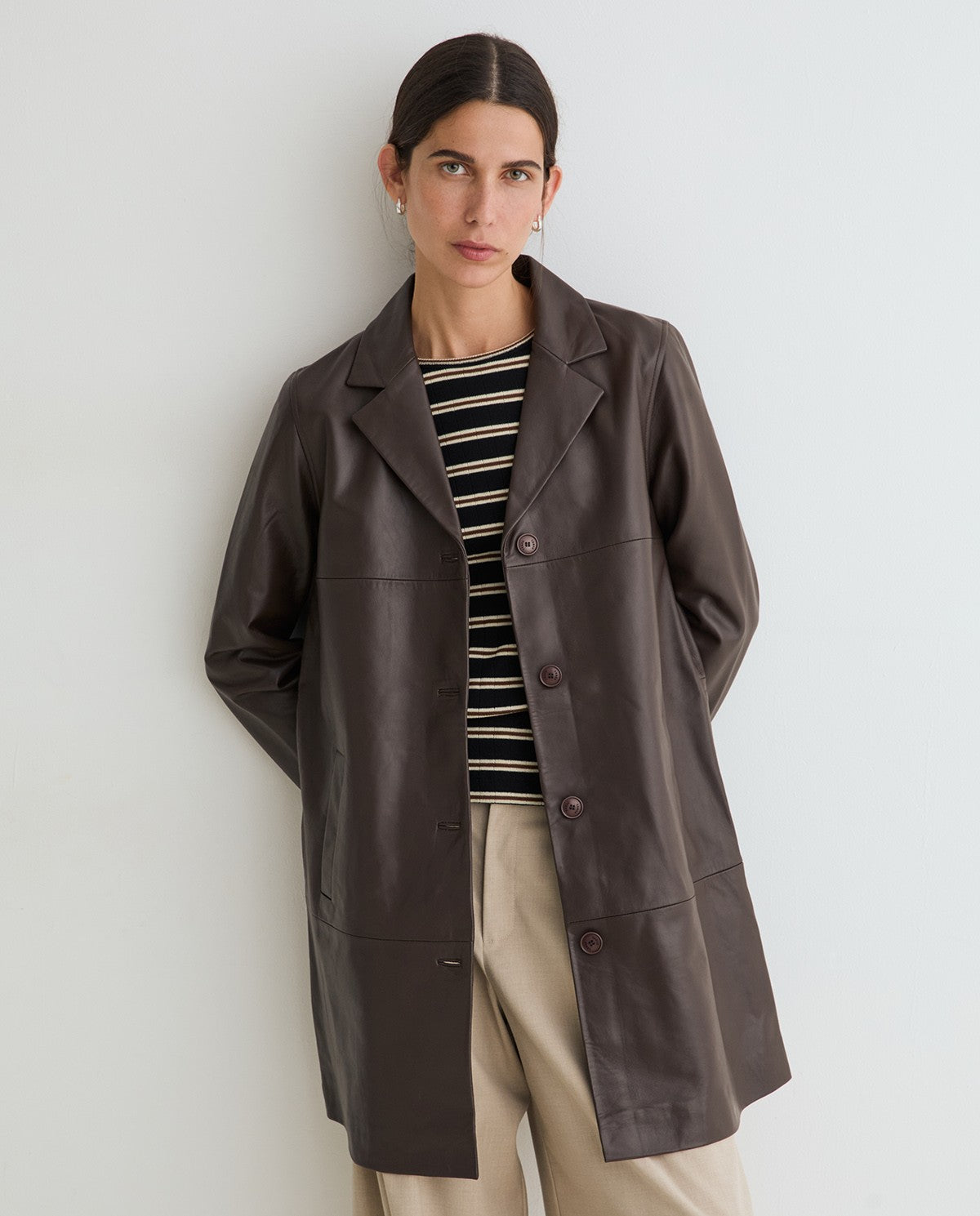 Yerse Leather Midi Coat Dark Brown