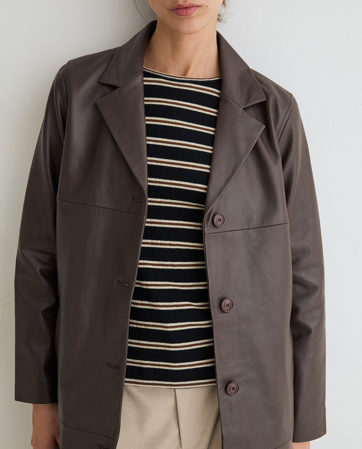 Yerse Leather Midi Coat Dark Brown