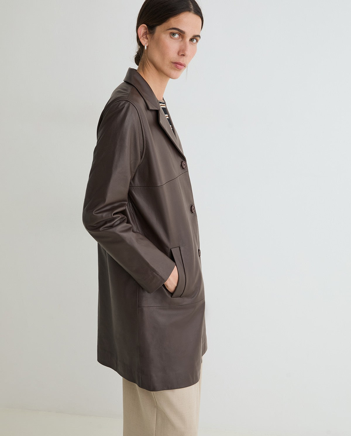 Yerse Leather Midi Coat Dark Brown