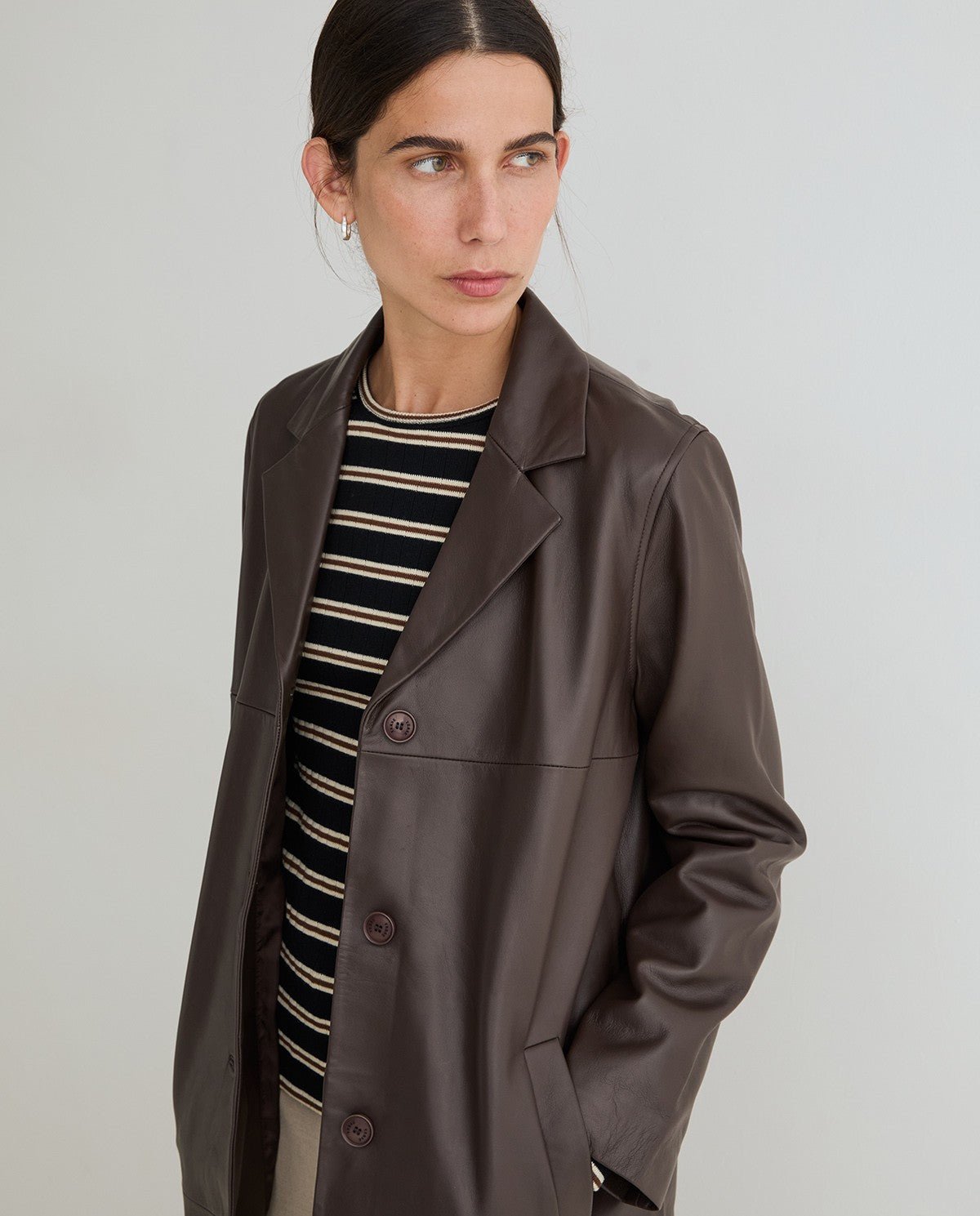 Yerse Leather Midi Coat Dark Brown