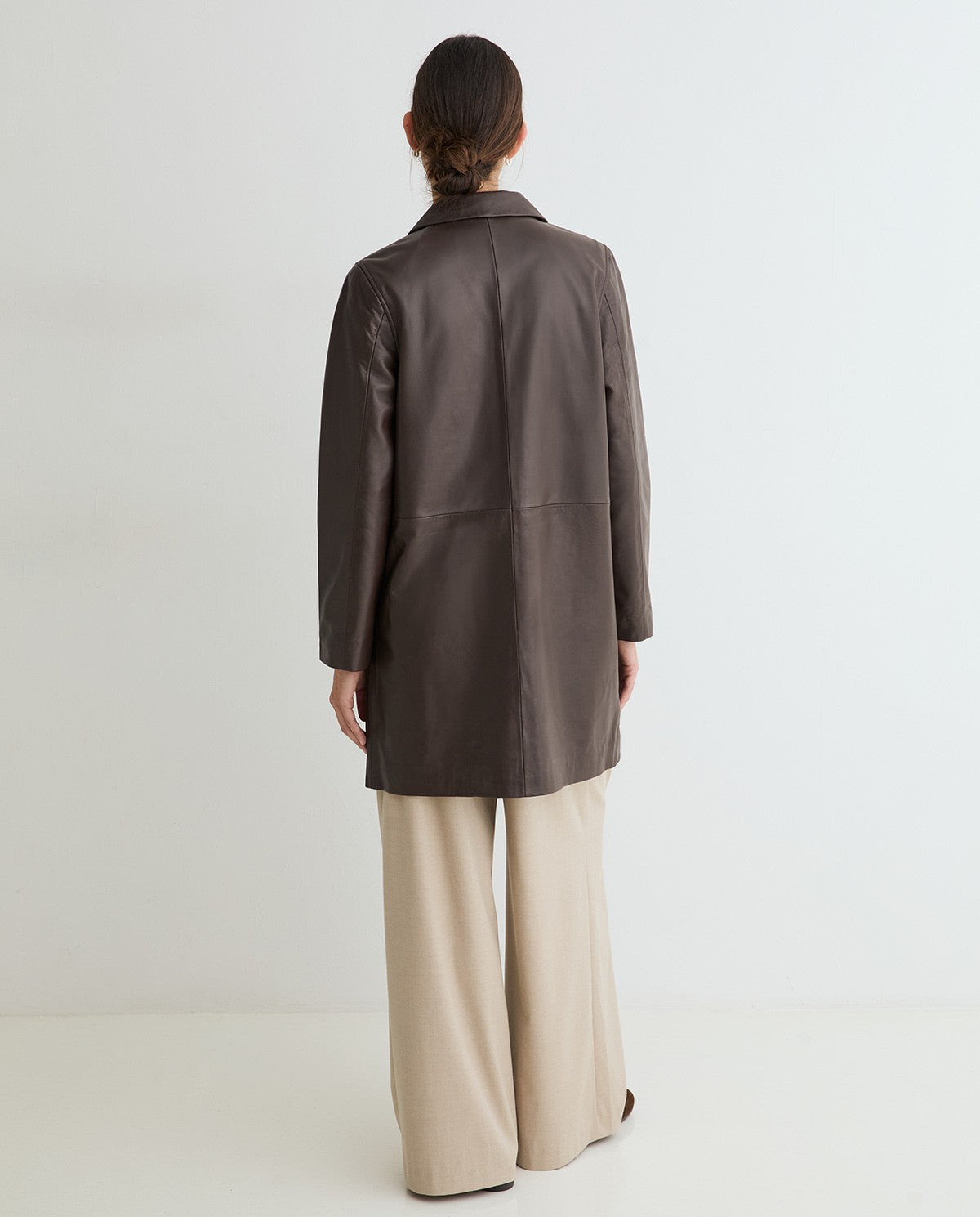 Yerse Leather Midi Coat Dark Brown