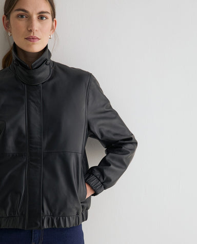Yerse Leather Bomber Jacket Black