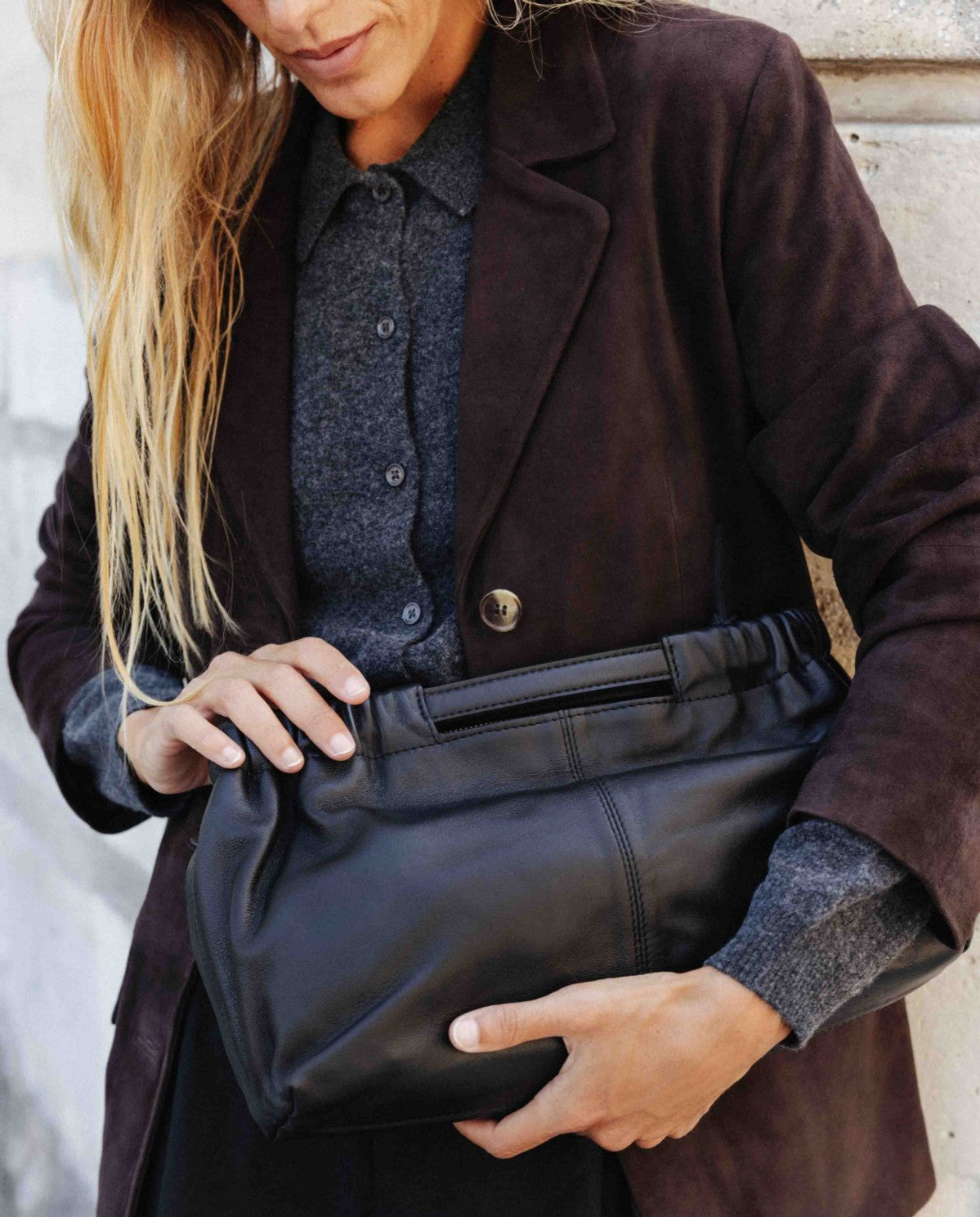 Yerse Gathered Leather Bag Black