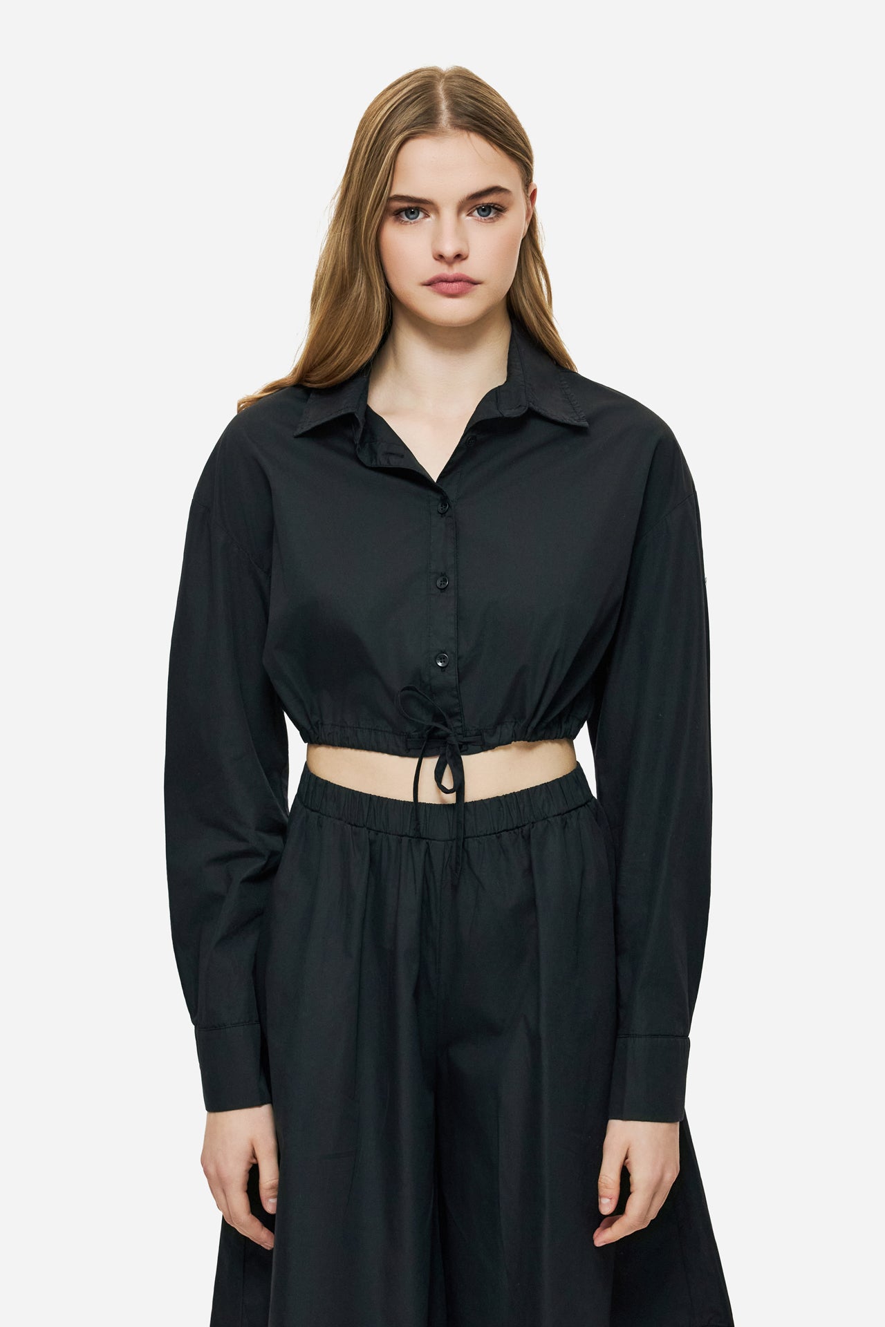 DLWS000037 - CROPPED SHIRT WITH DRAWSTRING - BLACK