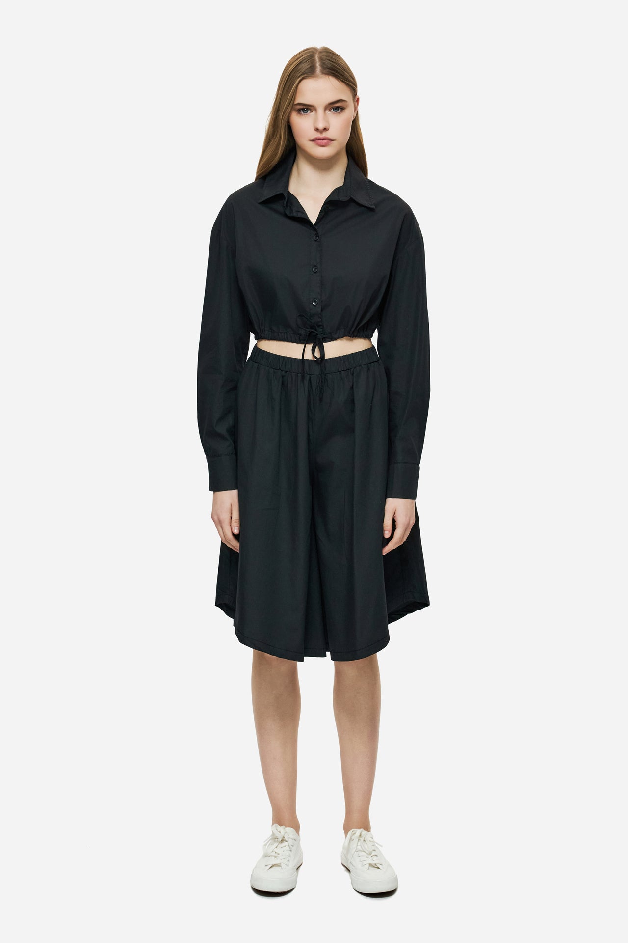 DLWS000037 - CROPPED SHIRT WITH DRAWSTRING - BLACK