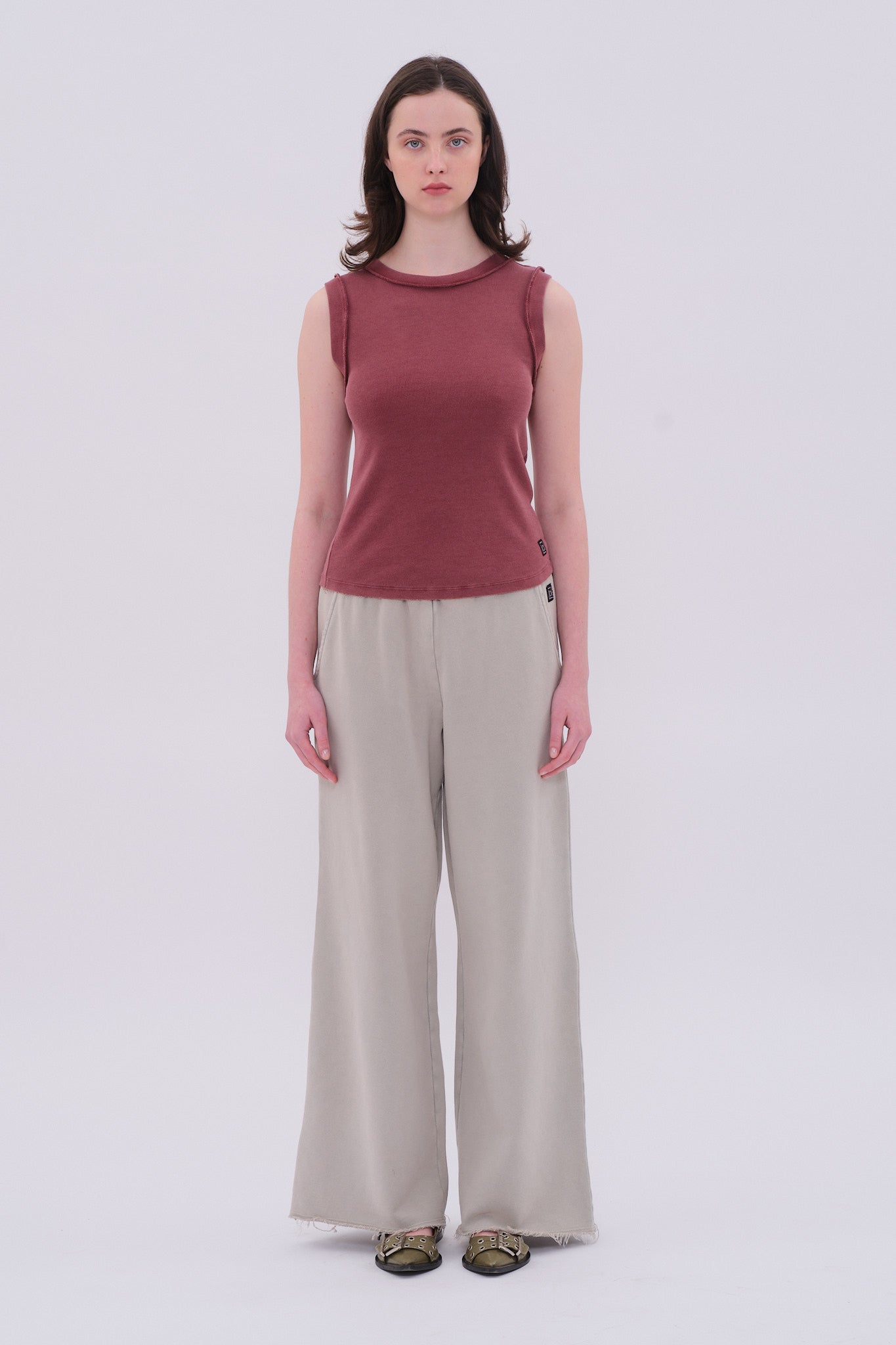 Wide-Leg Sweatpants with Raw Edges - Vintage Greige
