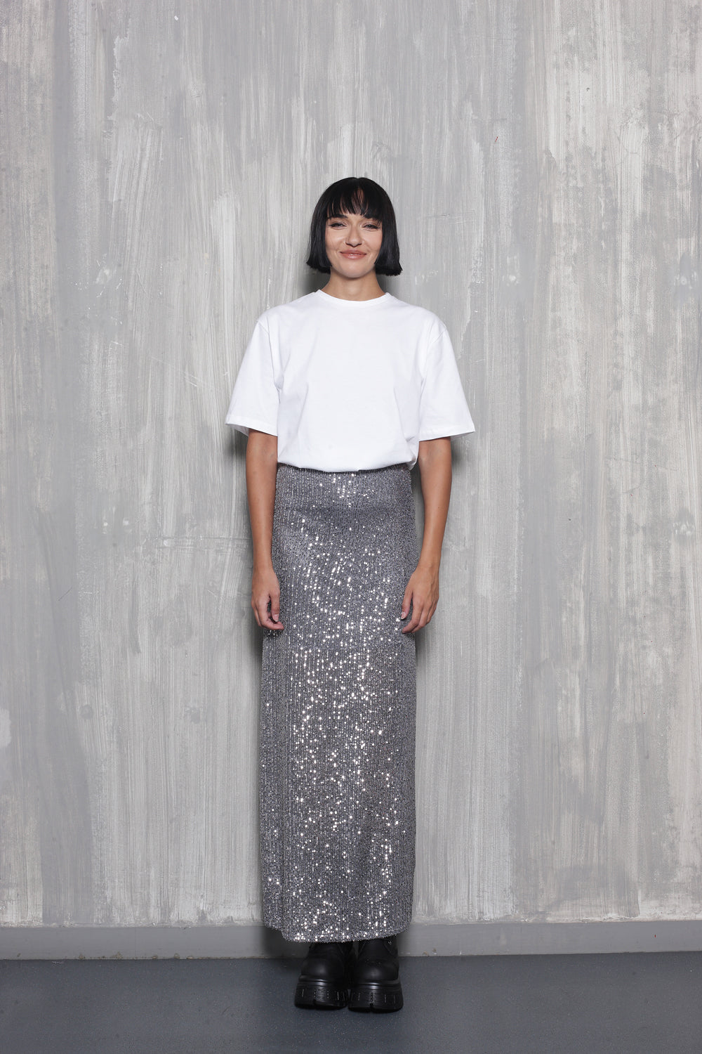 ALAFIA SILVER SEQUIN MIDI SKIRT