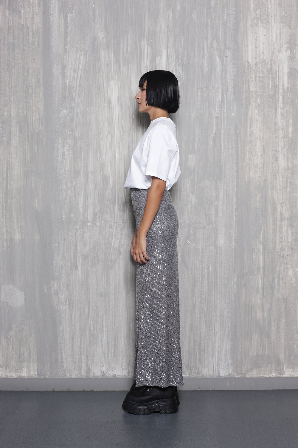 ALAFIA SILVER SEQUIN MIDI SKIRT