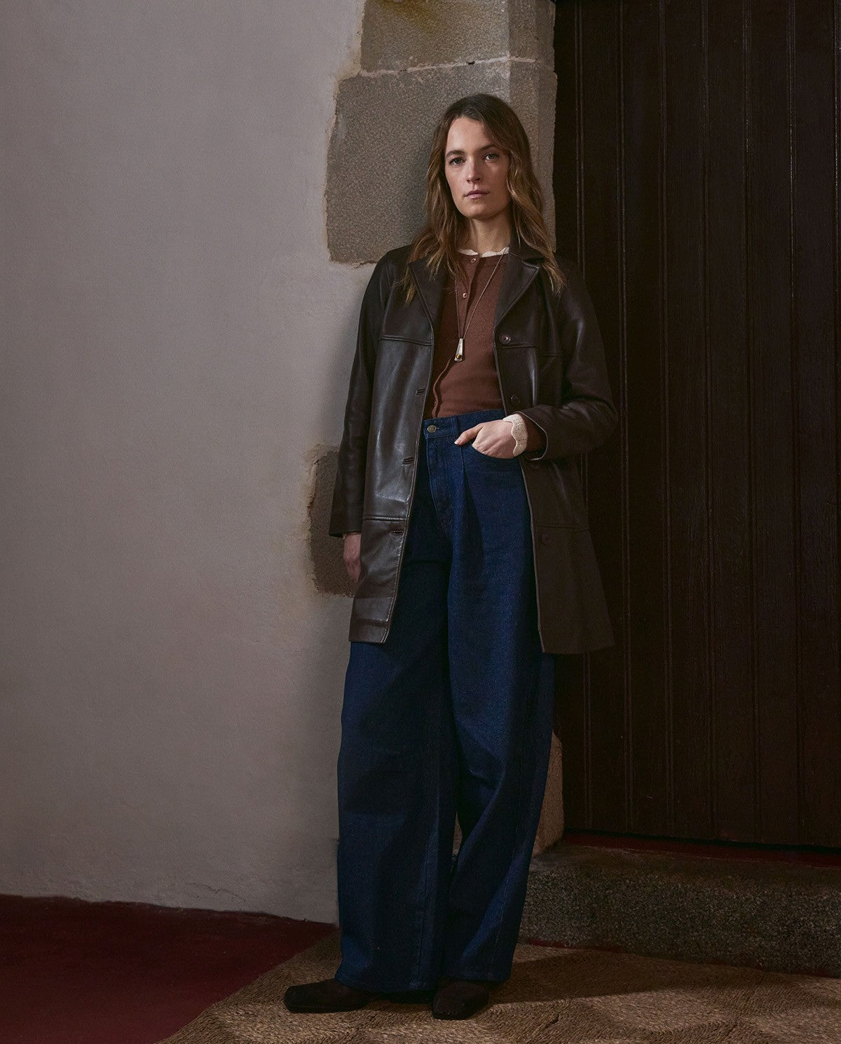 Yerse Leather Midi Coat Dark Brown