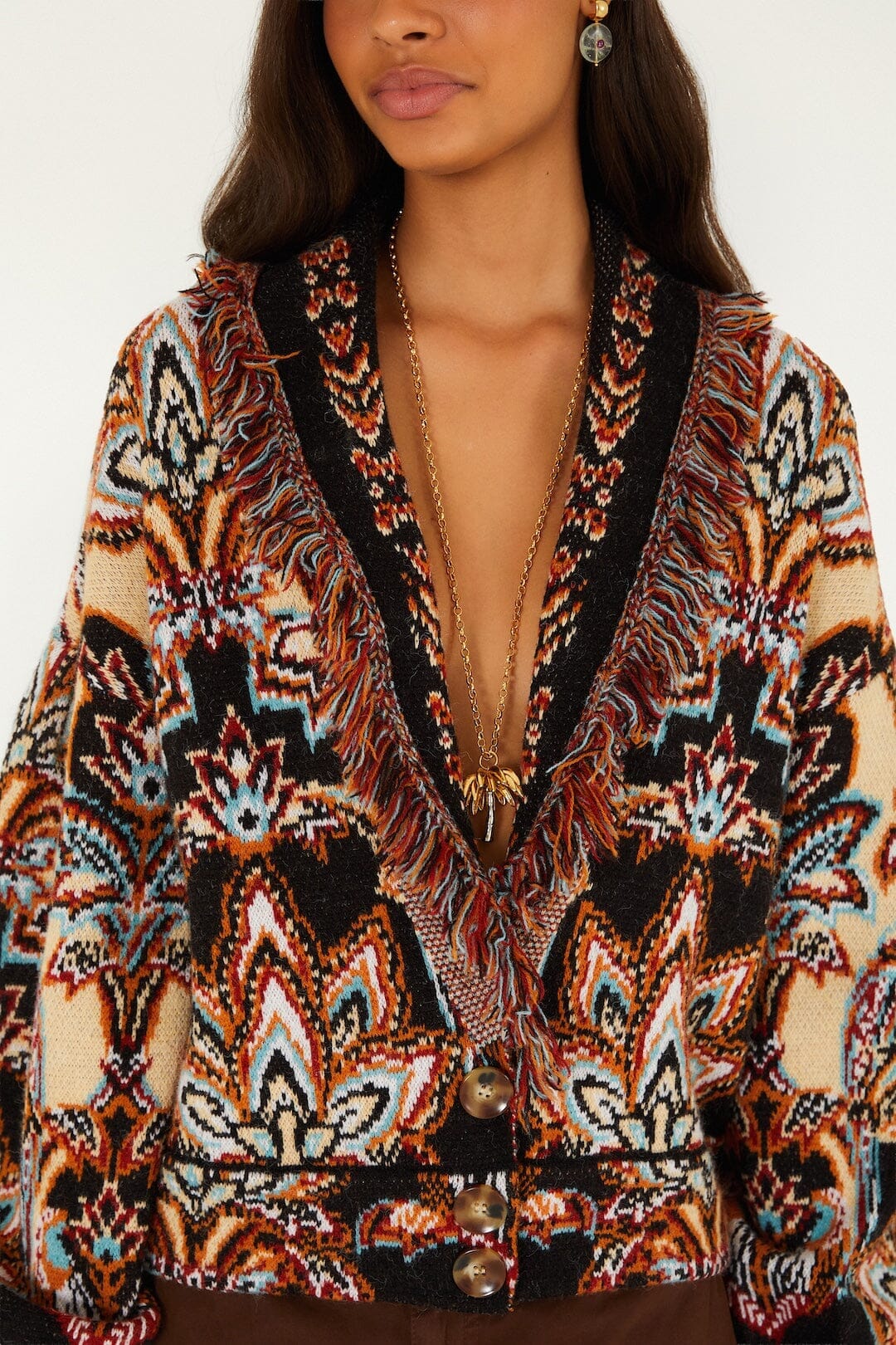 Farm Rio Tapestry Dream Fringe Knit Cardigan