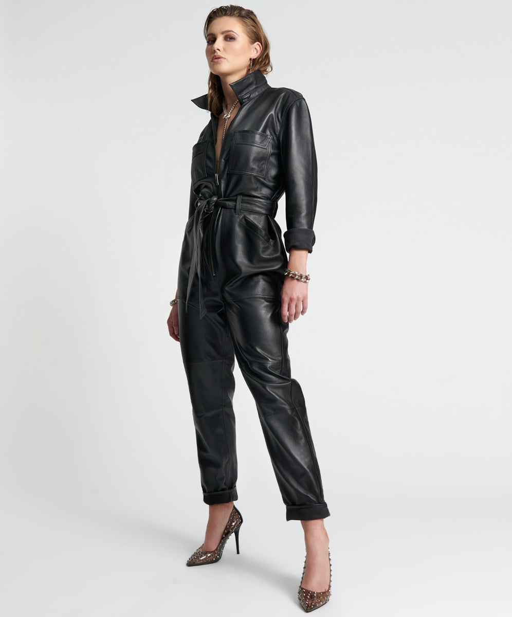 One Teaspoon Modern Reality Leather Claudia Jumpsuit in Black